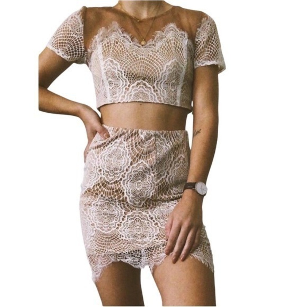 Tobi White Lace Two Piece Set Nude Illusion Crop Top Mini Skirt Co-ord Small